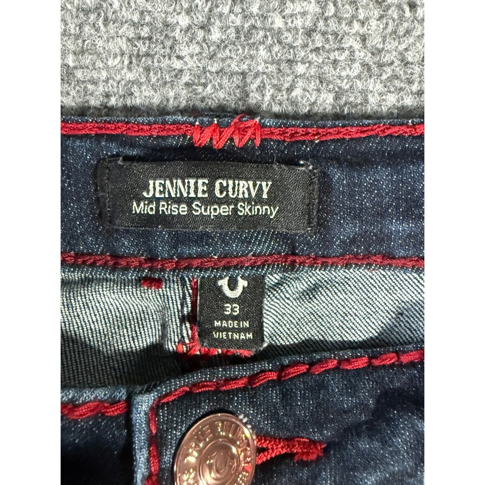 True Religion Jennie Curvy Mid Rise Super Skinny Jeans Dark Wash Red Stitch 33 - Picture 3 of 9
